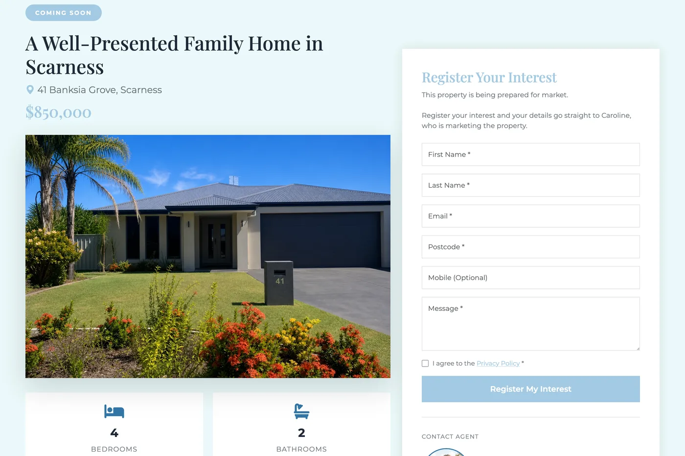 A coming-soon property page, with the price guide and a register-your-interest form